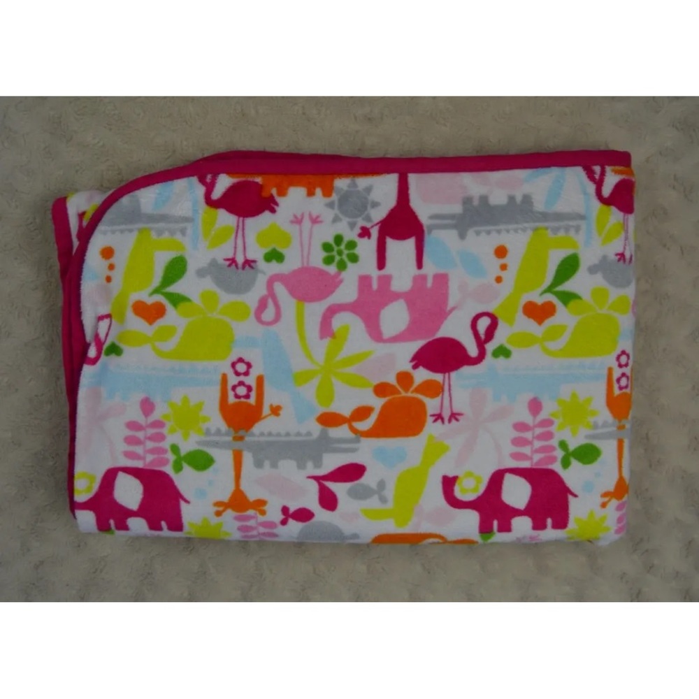 Carter's Pink Orange Animal Baby Blanket Whale Flamingo Giraffe Safari Zoo White